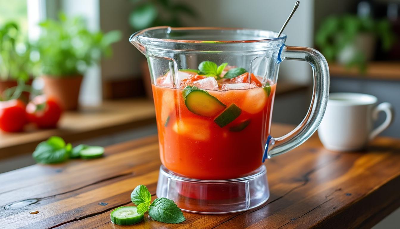 pr&eacute;parez un gaspacho express en quelques secondes avec votre blender et des gla&ccedil;ons : une soupe fra&icirc;che, savoureuse et parfaite pour l'&eacute;t&eacute; !